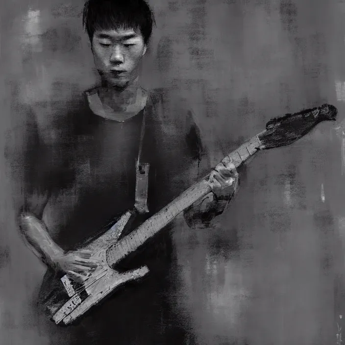 Image similar to large diagonal brush strokes, abstract dark painting of a young korean male musician wearing black tank top holding a telecaster!!! electric guitar!! in a dark room, thick flowing dramatic brush strokes, matte colors, abstract, impressionist, movement, trending on artstation