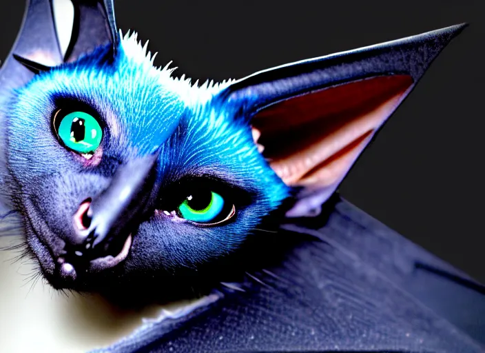 Image similar to a blue - and - black male catbat fursona with blue / green heterochromatic eyes ( differently - colored eyes, one eye green, one eye blue ) and huge bat ears, photo of the catbat streaming on his computer