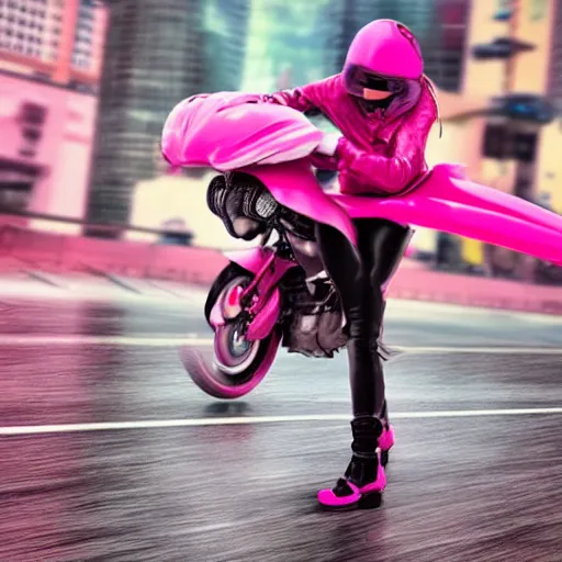 Image similar to hyper realistic, photo, humanoid pink female Squid girl, riding a motorcycle fast in the rainy city traffic