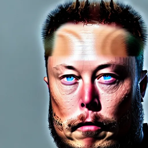 Prompt: elon musk as ragnar lothbrok in viking still from tv - series portrait tattooed face blue eyes close up looking in camera