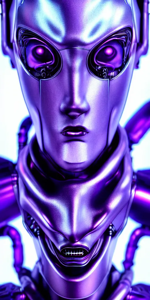 Image similar to hyperrealistic close-up of art deco cyborg man with purple hair and pearlescent blue skin wayne barlowe machiej kuciara very dramatic lighting on one side wide angle 35mm shallow depth of field