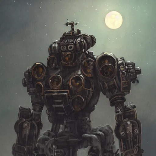 Image similar to portrait concept painting of a rampaging ashigaru mecha construct, on an icy mountaintop, moonlight, of bamboo, laquer and steel, steampunk - inspired by brian froud and greg rutkowski and jessica rossier