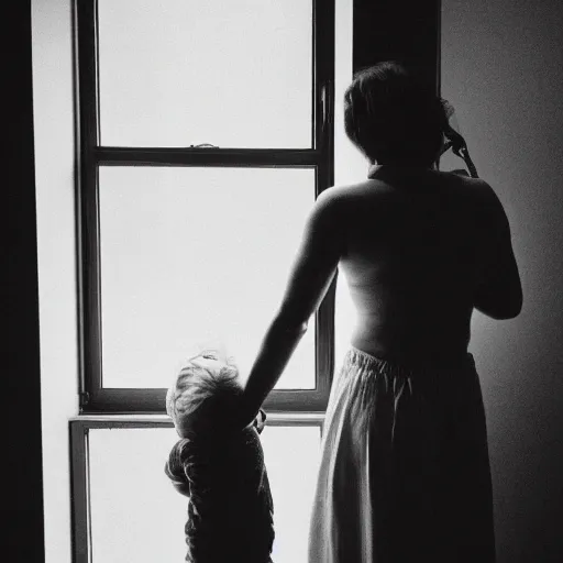 Image similar to a woman from behind, eye-level shot, in a dimly lit room, looking at her child playing with toys, the scene is lit by a small window to the right of the woman, cinestill 800t, dark atmosphere