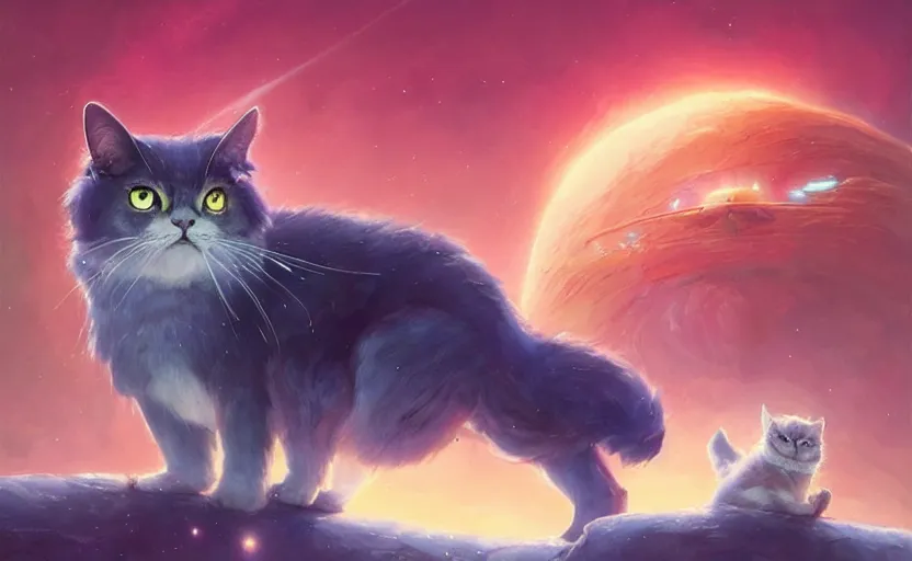 Prompt: a beautiful persian space cat sitting atop a small spaceship on an alien planet in a space opera studio ghibli film, volumetric lighting, beautiful composition, artwork by artgerm, loish, greg rutkowski