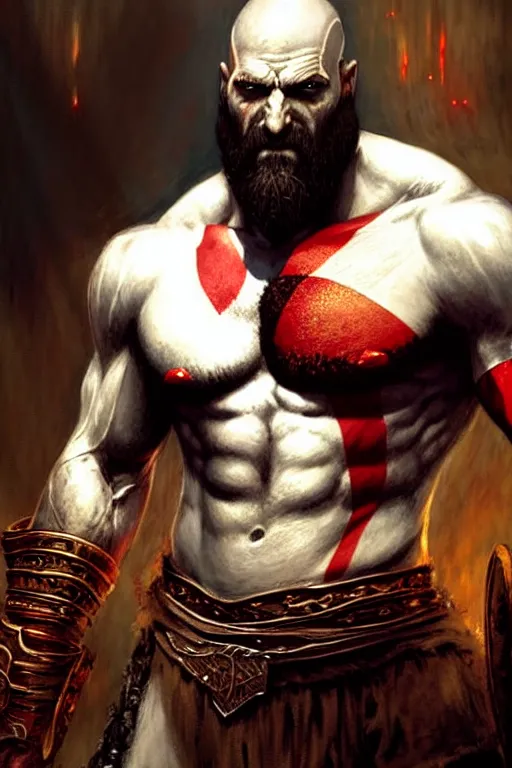 Image similar to god of war kratos portrait dnd, painting by gaston bussiere, craig mullins, greg rutkowski, yoji shinkawa