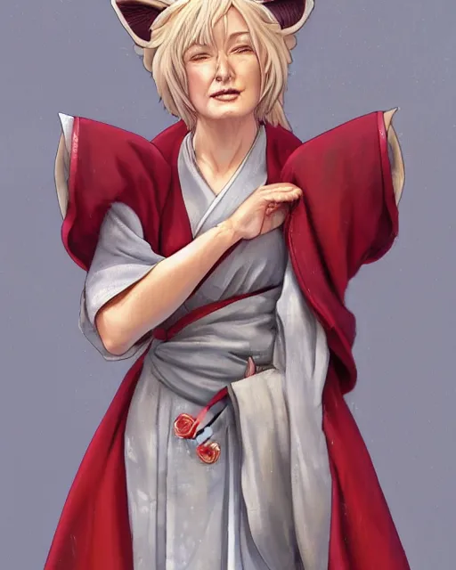 Image similar to Ssunbuki as an older woman with fox ears and a red kimono, visualartzi, Japanese, concept art by Karla Ortiz, James Paick, Charlie Bowater, Krenz Cushart, highly detailed, ultra detailed, ultra realistic, trending on artstation, cgstudio