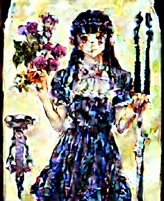Image similar to portrait of a morbid 18 year old young woman wearing a cottage-core aesthetic dress with straight silky black hair, in a butcher shop, queen of sharp razor blades, in the style of Range Murata and by Alphonse Mucha and by Katsuhiro Otomo.