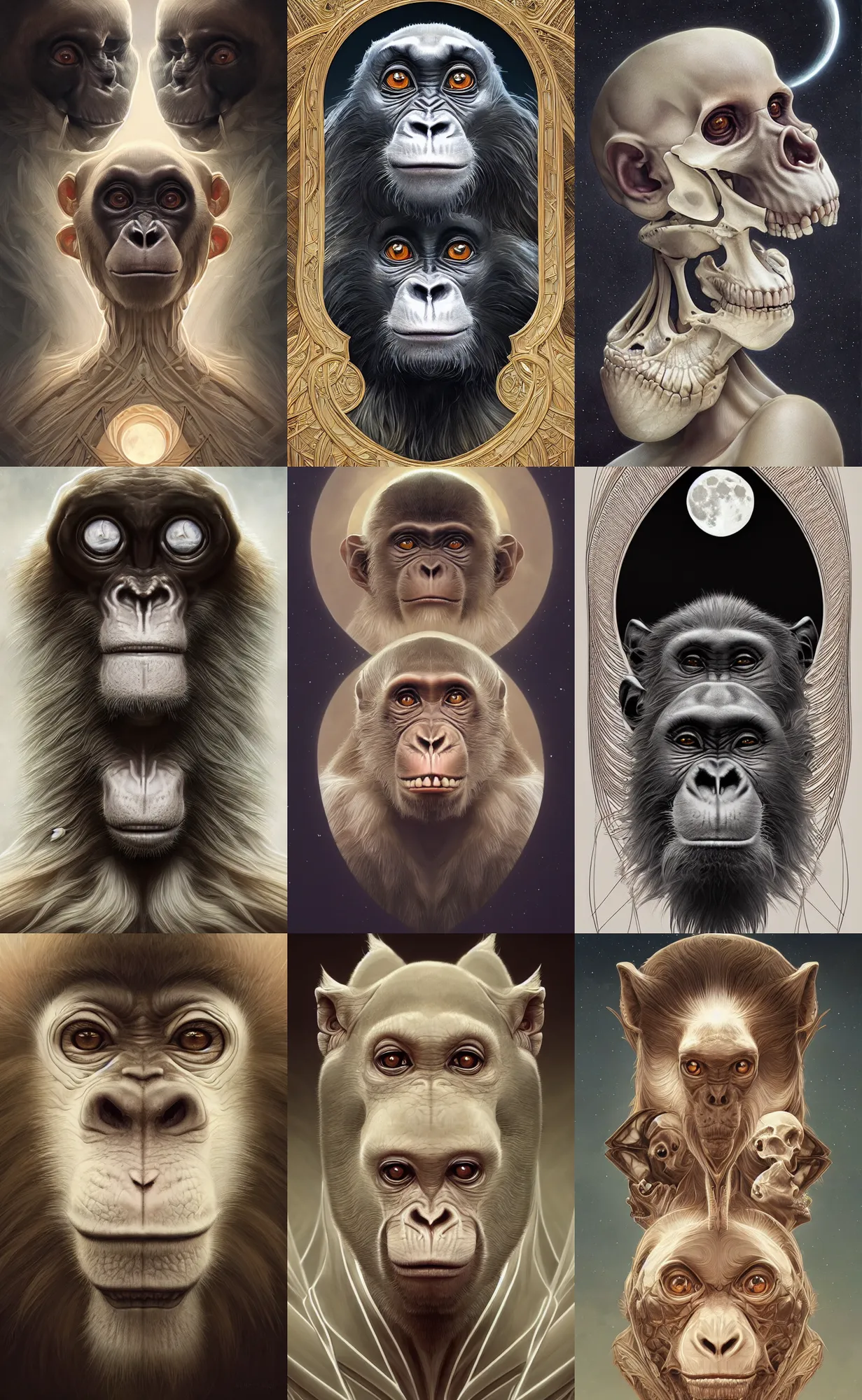 Prompt: symmetry!! ultra realistic portrait of primates made of bone! moon in background, intricate, elegant, highly detailed, digital painting, artstation, concept art, smooth, sharp focus, illustration, art by artgerm and ross tran and greg rutkowski and alphonse mucha, 8 k