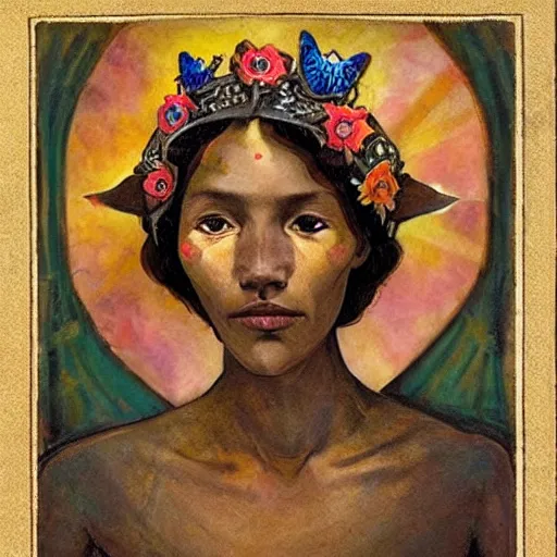 Image similar to the bone crown, by Annie Swynnerton and Nicholas Roerich, dark skin, elaborate costume, flowers, iridescent beetles, rich color, dramatic cinematic lighting, smooth, sharp focus, extremely detailed