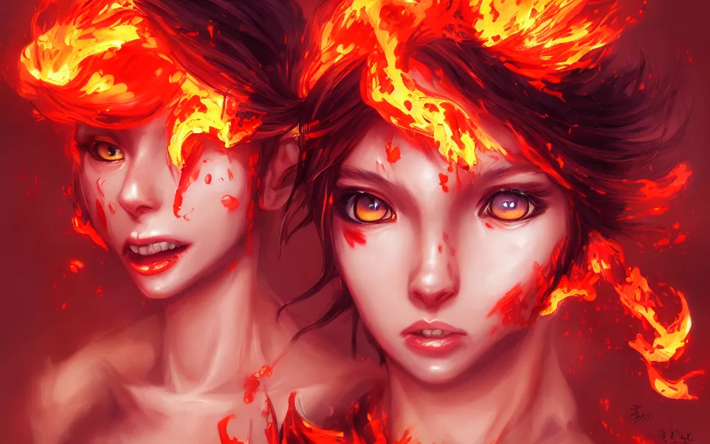 Image similar to A realistic anime portrait of a beautiful fire spirit twins with glowing red eyes and firey skin wearing clothes made of flames, digital painting, by Stanley Artgerm Lau, Sakimichan, WLOP and Rossdraws, digtial painting, trending on ArtStation, SFW version