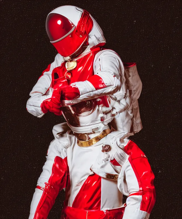 Image similar to photography of red and white space suits designed for knights templar, tubings, helmet with intricate design, golden linings, photo shoot, by annie leibovitz, sigma 85mm 1.4, glows, sharp, high contrast, octane render