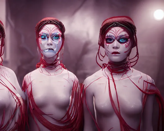 Image similar to a film still of three synthetic female human oracles wrapped in white cloth, beautiful, tribal facepaint, neotokyo, cinematic lighting, high resolution, 4 k