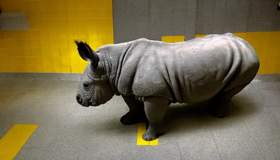 Prompt: a rhinoceros in a public bathroom with yellow tiles floor, mini dv camera found footage, very very low quality, heavy grain, heavy jpeg artifact blurry, caught on trail cam