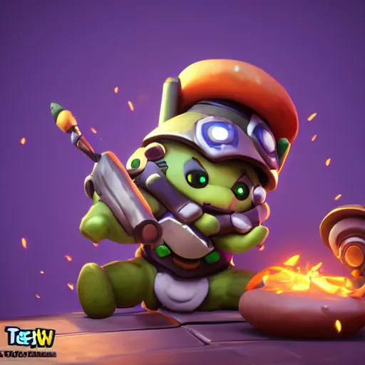 Image similar to teemo is the newest overwatch character, shooting a poison dart, poison mushrooms, octane render, blender render, unreal engine, standing pose, cinematic lighting, symmetrical