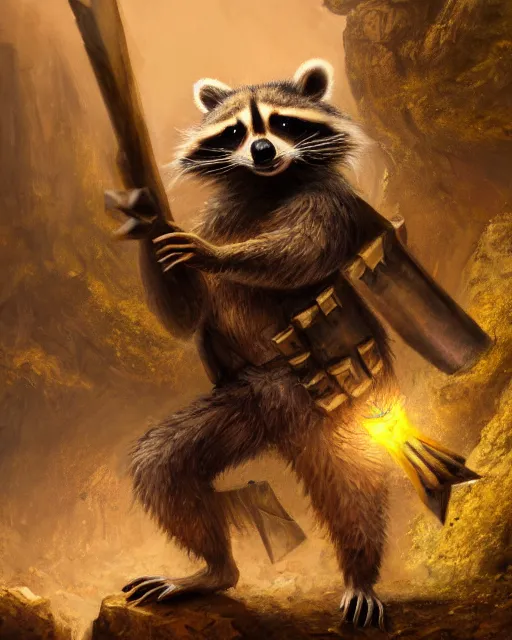 Image similar to oil painting of poor anthropomorphized raccoon miner mining gold, pickaxe, close shot, full body, dark steampunk mine shaft background, sharp focus, fantasy style, octane render, volumetric lighting, 8k high definition, by greg rutkowski, highly detailed, trending on art Station, dungeons and dragons artwork, centered