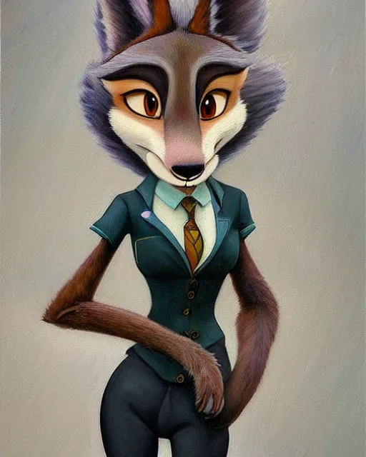 Image similar to beautiful oil painting of anthromorphic female wolf, in style of zootopia, zootopia, zootopia, fursona, furry, furaffinity, 4 k, deviantart, furry art, fursona art, wearing black business suit, business suit, in style of zootopia, wolf fursona, female, expressive detailed very very very feminine face,