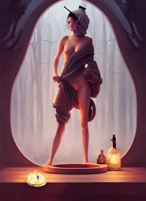 Image similar to nina ricci in finnish sauna, backround dark, highly detailed, digital illustration, trending in artstation, modern painting, smooth, sharp focus, intricate, by peter mohrbacher