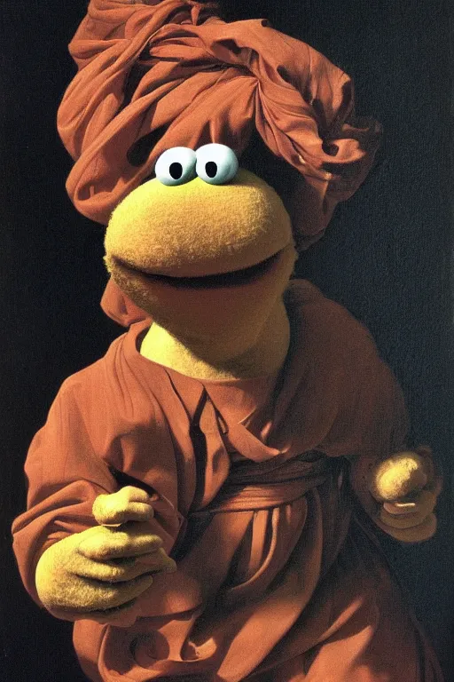 Prompt: a muppet painted by Caravaggio, black background, chiaroscuro