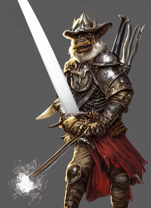 Image similar to photorealistic bugbear ranger holding sword on fire, magic, black beard, dungeons and dragons, pathfinder, roleplaying game art, hunters gear, jeweled ornate leather and steel armour, concept art, character design on white background, by sargent, norman rockwell, makoto shinkai, kim jung giu, artstation trending, poster art, colours red