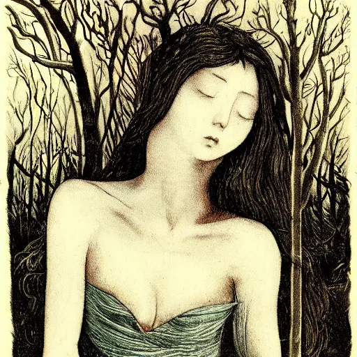 Prompt: beautiful woman with her eyes closed, close - up face, walking in the forest at night. full moon. folk horror. hyper detailed. rosetti