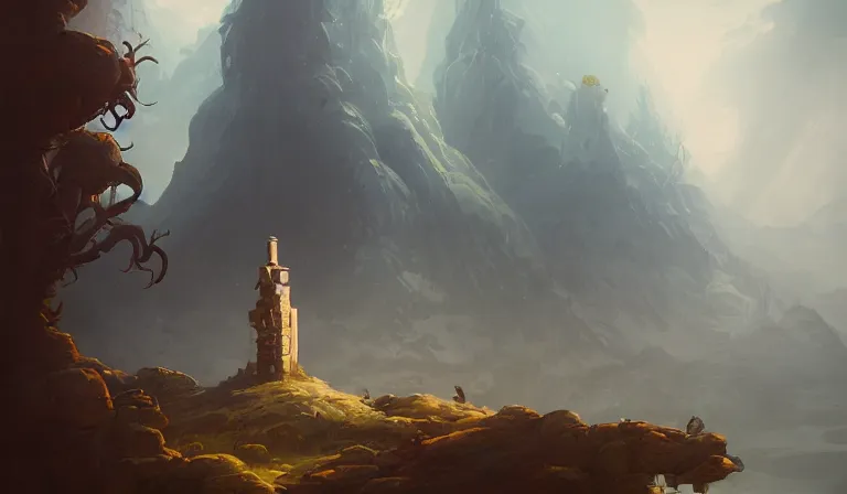 Prompt: A serene landscape with a singular building in the style of Peter Mohrbacher.