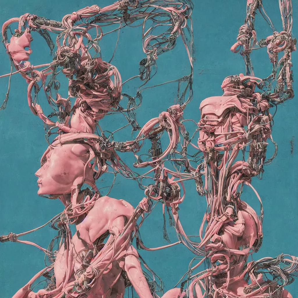 Image similar to Tristan Eaton & Greg Rutkowski, award winning masterpiece with incredible details, Zhang Kechun, a surreal vaporwave vaporwave vaporwave vaporwave vaporwave painting by Thomas Cole of an old pink mannequin head with cables and wires coming out of it's neck, sinking underwater, highly detailed