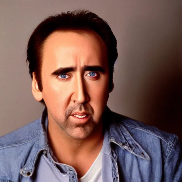 Image similar to photograph of nicolas cage in 1 9 9 9 headshot photo portrait headshot even lighting young handsome skin detail hd 8 k