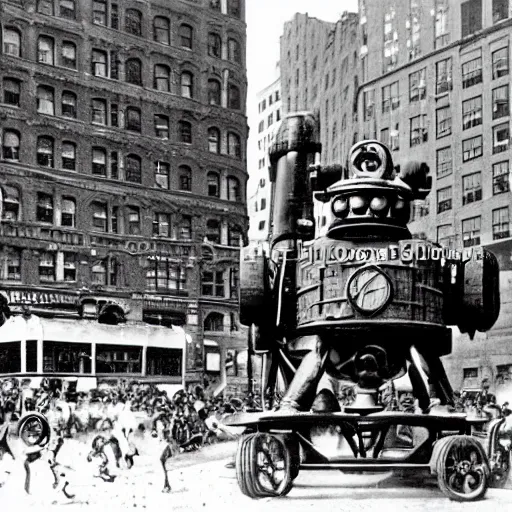 Image similar to old black and white photo, 1 9 1 3, depicting a dieselpunk giant robot monster rampaging through the bustling streets of new york city, historical record
