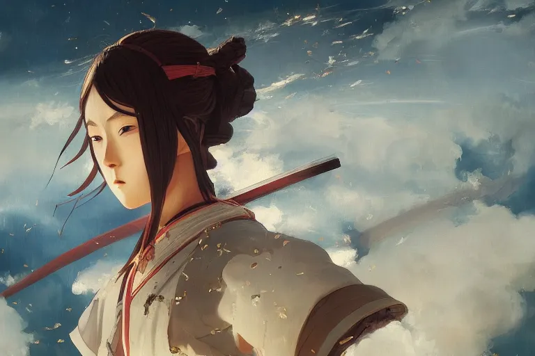 Image similar to baroque oil painting of anime key visual concept art of a samurai girl, very anime, stars vackground, trending on artstation, oil on canvas, style of makoto shinkai greg rutkowski studio ghibli