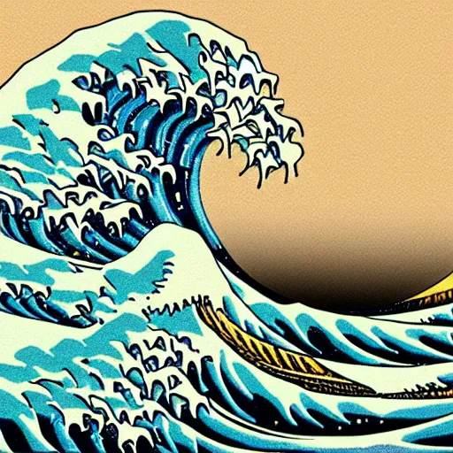 Image similar to detailed illustration, a elderly man surfing in the style of the great wave off kanagawa, surfing, 🏄,