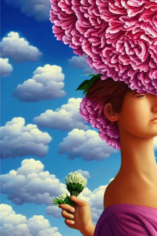 Image similar to closeup, giant carnation flower head, woman in suit, clouds in sky, surreal, impressionist painting, digital painting, artstation, rob gonsalves