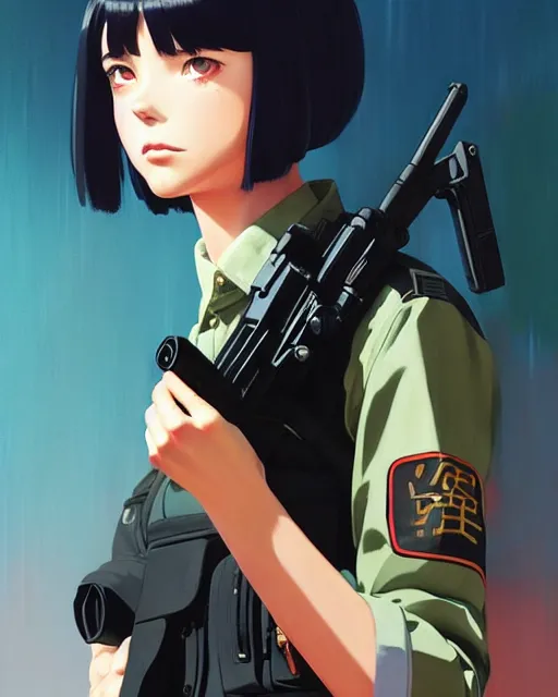 Image similar to girl wearing uniform, holding gun at side | | audrey plaza, fine detail!! anime!! realistic shaded lighting!! poster by ilya kuvshinov katsuhiro otomo ghost - in - the - shell, magali villeneuve, artgerm, jeremy lipkin and michael garmash and rob rey