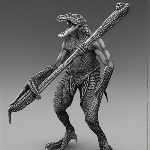 Prompt: tribal lizardman warrior concept, wielding aztec club, beksinski