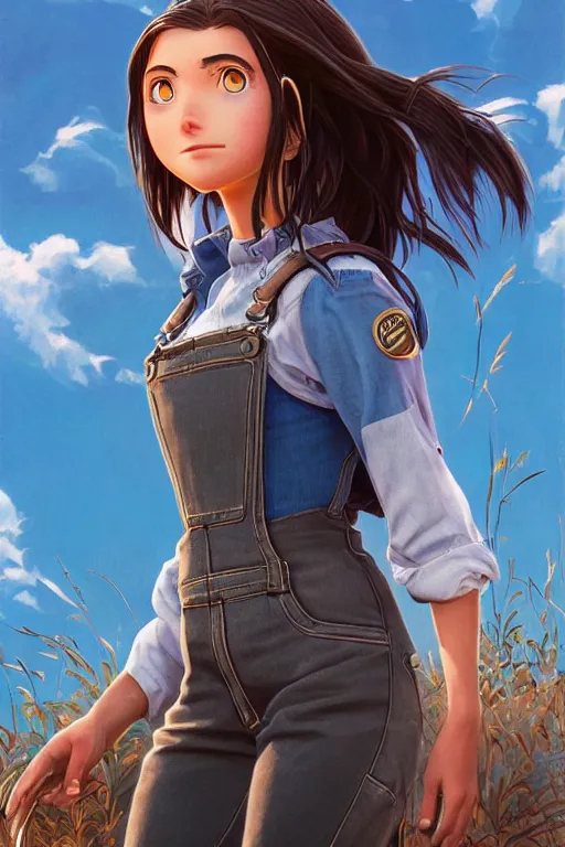 Prompt: complete full view of a 3 d beautiful female young farmer with long brown braided hair and a beautiful face of alita battle angel by artgerm, wearing blue jean overalls in the style of pixar, disney and studio ghibli