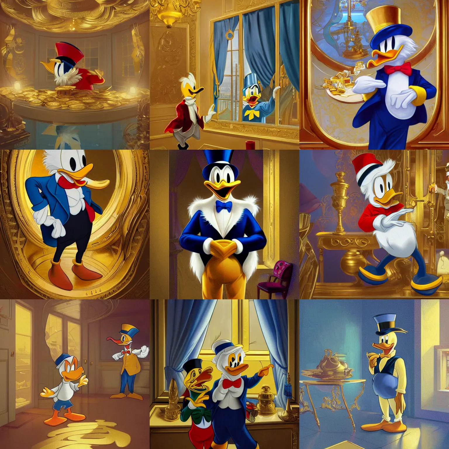 Prompt: Donald Duck meets Scrooge McDuck inside a room filled with gold pieces. Donald Duck wears a sailor suit and Scrooge McDuck wears a redingote and a top hat. Elegant, intricate, digital painting, artstation, concept art, smooth, sharp focus, illustration, art by artgerm and greg rutkowski and alphonse mucha