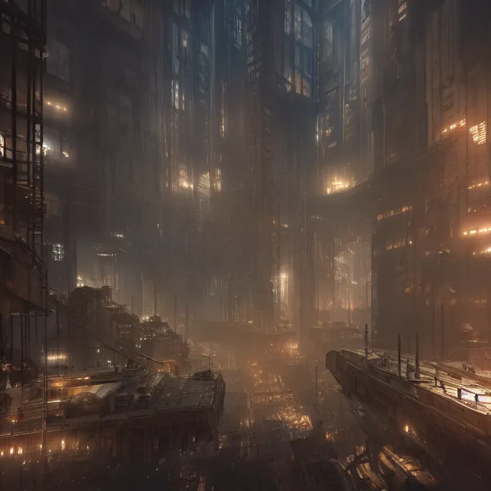 Image similar to inside an etheral dieselpunk city, highly detailed, 4k, HDR, award-winning, octane render, trending on artstation, volumetric lighting