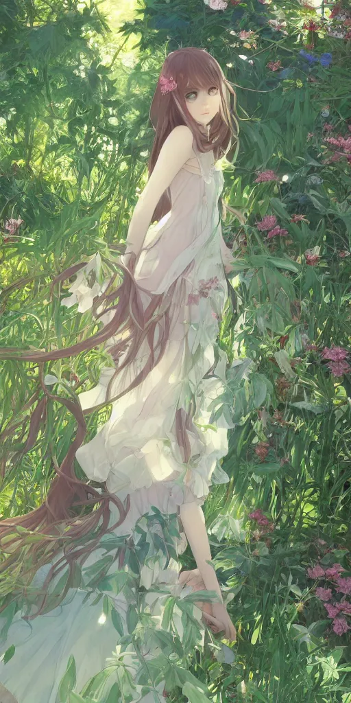 Image similar to a digital art of a loli with long hair in a dark colour dress in the privet garden at after noon, green and warm theme, back lighting, by krenz cushart and mucha and akihito yoshida and greg rutkowski and makoto shinkai, extremely long shot, detailed eyes, 4 k resolution, trending on art station