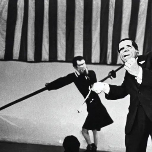 Prompt: Richard Nixon hitting a seal with a club, photojournalism, cover of life magazine