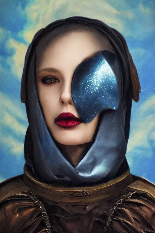 Image similar to hyperrealism oil painting, close - up portrait of european medieval brunette vampire fashion model, knight, steel gradient mixed with nebula sky, in style of baroque