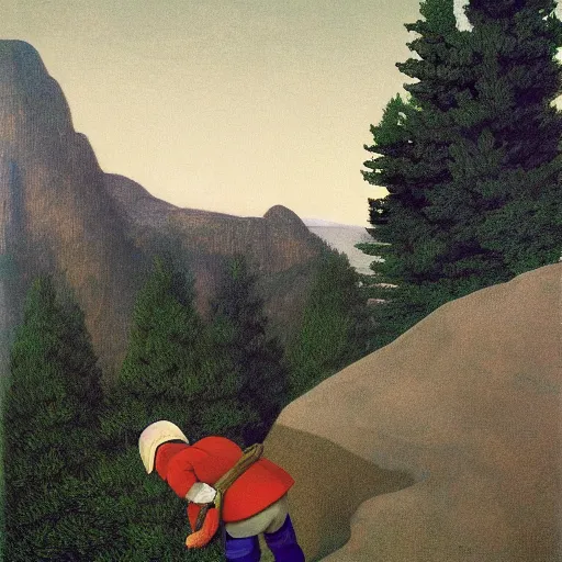 Image similar to a boy's first memory of mountain climbing by Raphael, Hopper, and Rene Magritte. detailed, romantic, enchanting, trending on artstation.