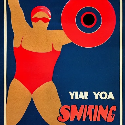 Prompt: year 1 9 2 8 poster for swimming. red and blue