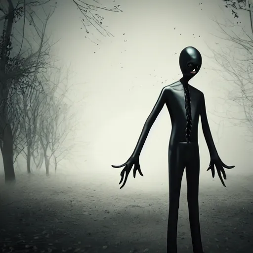 Image similar to fearsome slender man luring in dark, hyper realistic, detailed, 4 k, octane render, 4 k, dark color