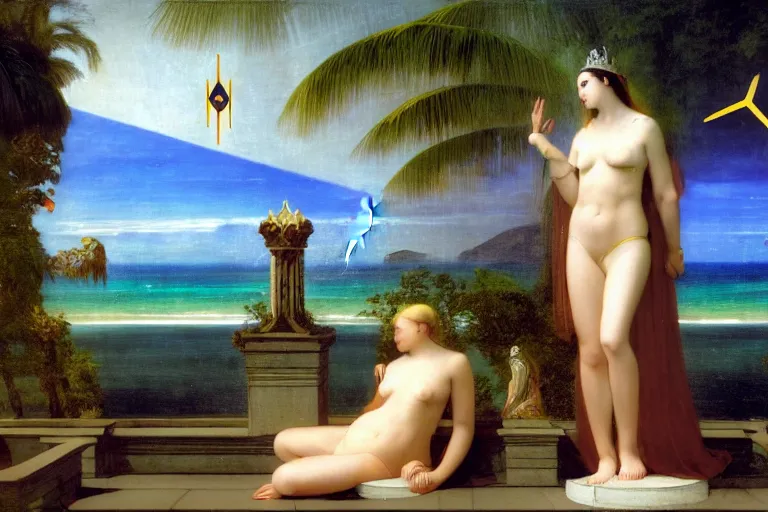 Image similar to The High Priestess on front of balustrade and palace columns, refracted lightnings on the ocean, thunderstorm, tarot cards characters, beach and Tropical vegetation on the background major arcana sky and occult symbols, by paul delaroche, hyperrealistic 4k uhd, award-winning, very detailed paradise