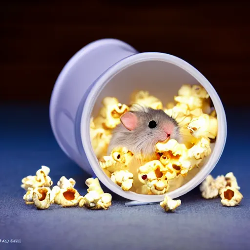 Image similar to photo of a hamster, swimming inside a bucket of popcorn, various poses, unedited, soft light, sharp focus, 8 k