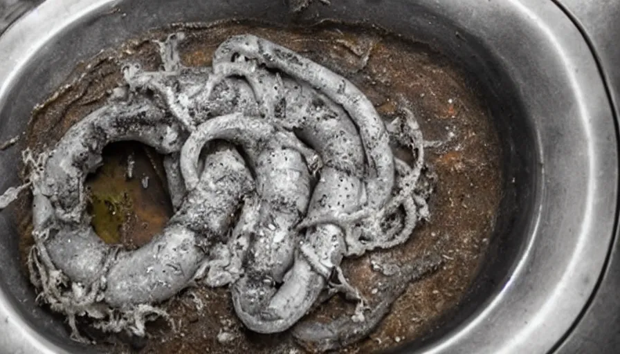 Prompt: Horror movie, a tentacle reaches up out of the kitchen sink drain.