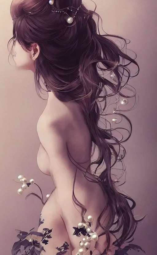 Image similar to beautiful long hairstyle with a lily and a few pearls, pinterest hair picture, back of the hair, hair is the focus, In style of Yoji Shinkawa, krenz cushart, Greg Rutkowski, highly detailed