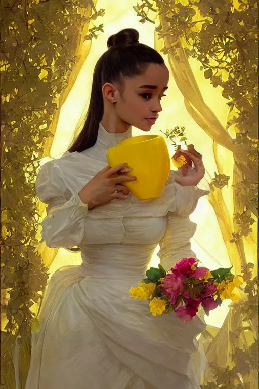 Prompt: beautiful cottagecore Ariana Grande holding a yellow colored vase. intricate, elegant. the background is yellow with voumetric lighting !. highly detailed, digital painting, artstation, concept art, smooth, sharp, focus, illustration. . art by artgerm and greg rutkowski and alphonse mucha