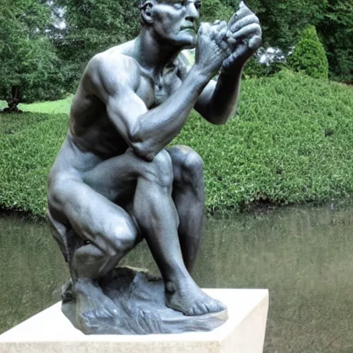 Image similar to thinker by rodin with iphone in hand