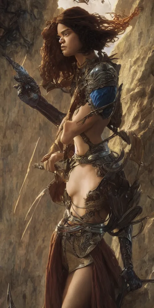 Prompt: tessa thompson, beautiful fantasy maiden, dungeons and dragons, masterpiece by edgar maxence and ross tran and michael whelan, gustav dore, 8 k, octane render