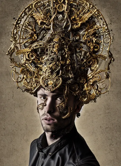 Prompt: a portrait of male model by stefan geselle and nekro borja, photorealistic, intricate details, hyper realistic, fantasy, ornate metal gold headpiece, photorealistic, canon r 3, photography, wide shot, photography, dark beauty, symmetrical features, wide angle shot, whole body, full body shot, standing pose